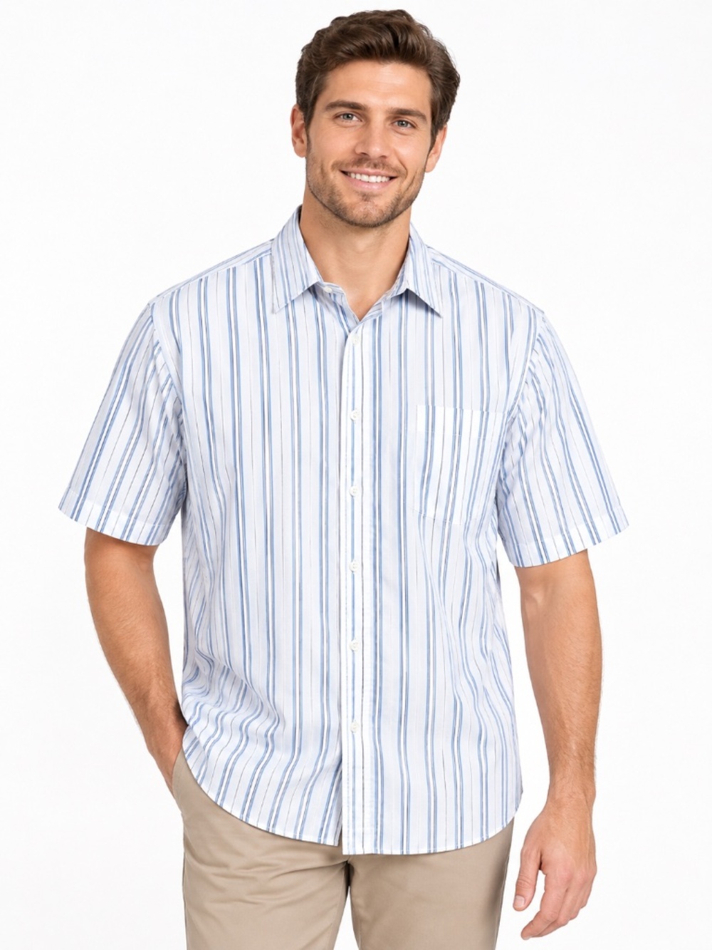 Puritan L Men's Shirt White w/Blue Stripes Button Up Short Sleeve Size 16, 41cm